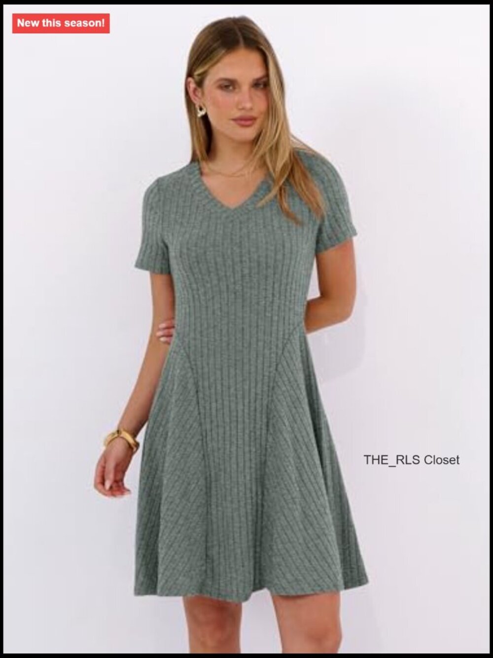 Ribbed Knit V-Neck A-Line Mini Dress Casual Summer Swing - Picture 6 of 7
